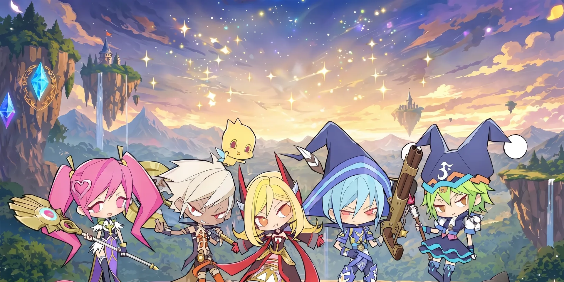 Official Grand Fantasia Origin artwork featuring its adventurers and sprites